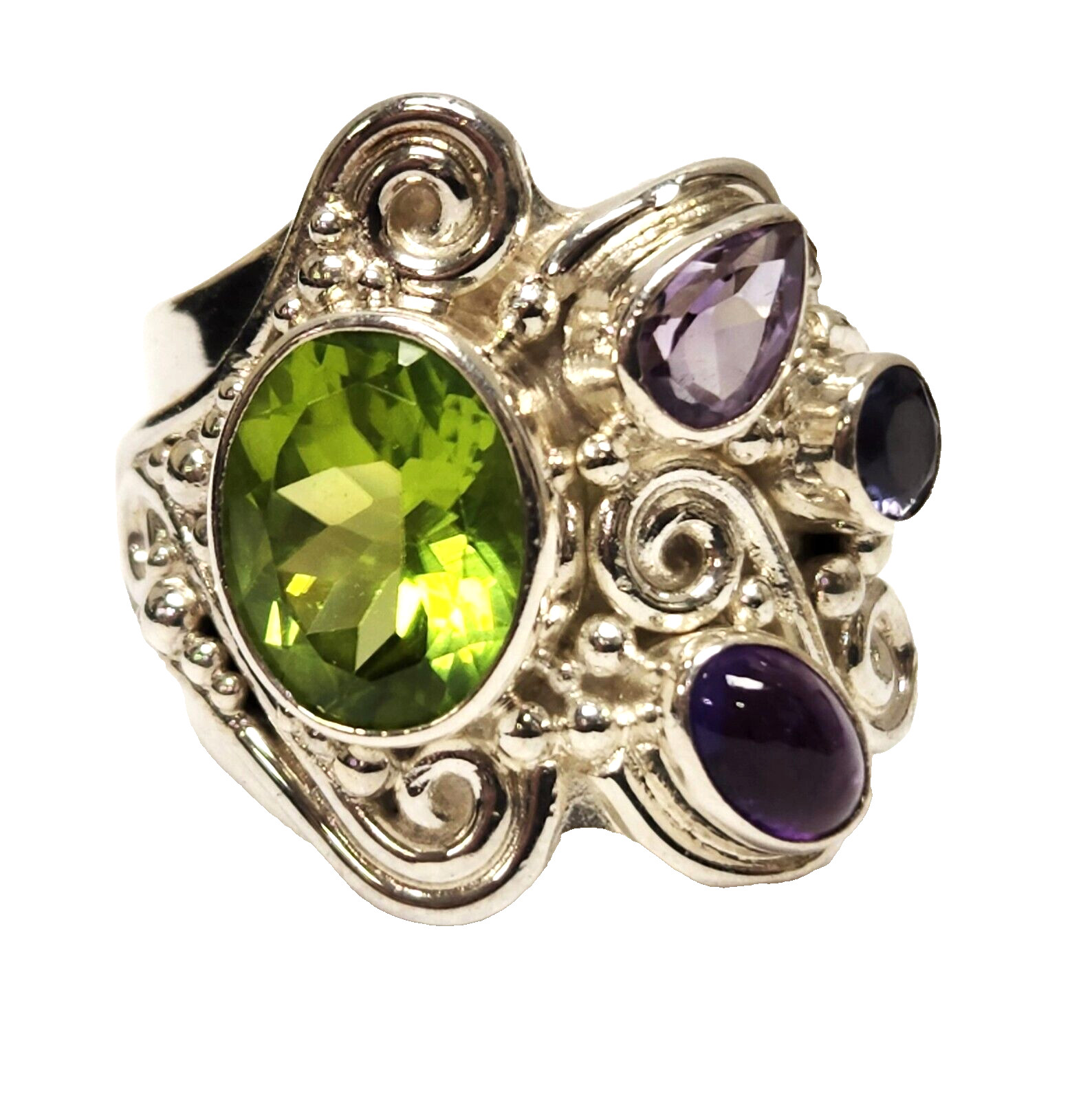 Sajen Bezel Set Peridot Iolite Amethyst 925 Sterling Silver Ring US size 5