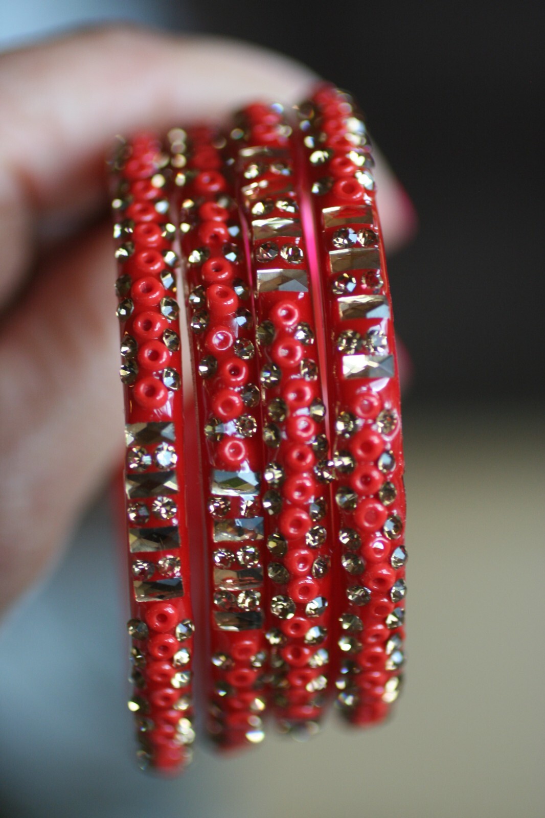 VINTAGE *FOUR RED BEADED PLASTIC BANGLES W/GOLD PIPING* VERY SMALL WRIST ONLY