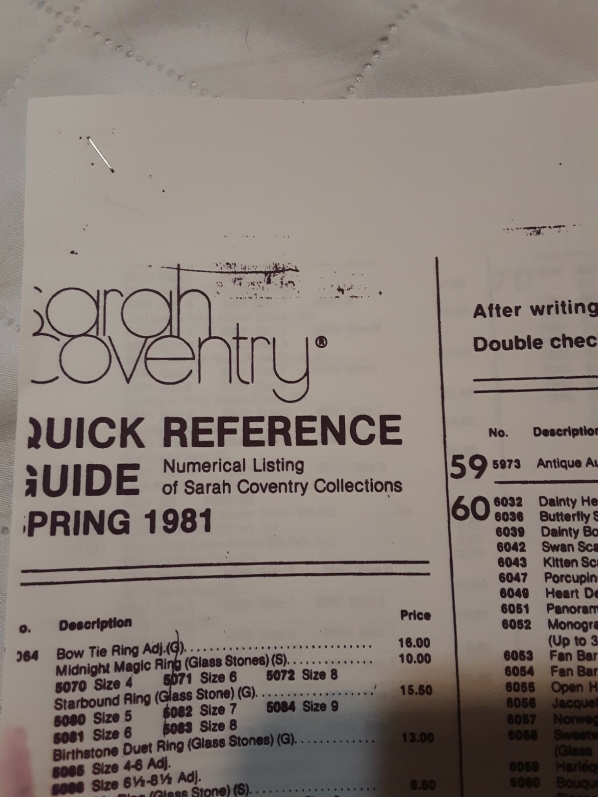 PRINTED COPY OF A 1981 “QUICK REFERENCE GUIDES ” SARAH BOOK BOOK. 4 PAGES