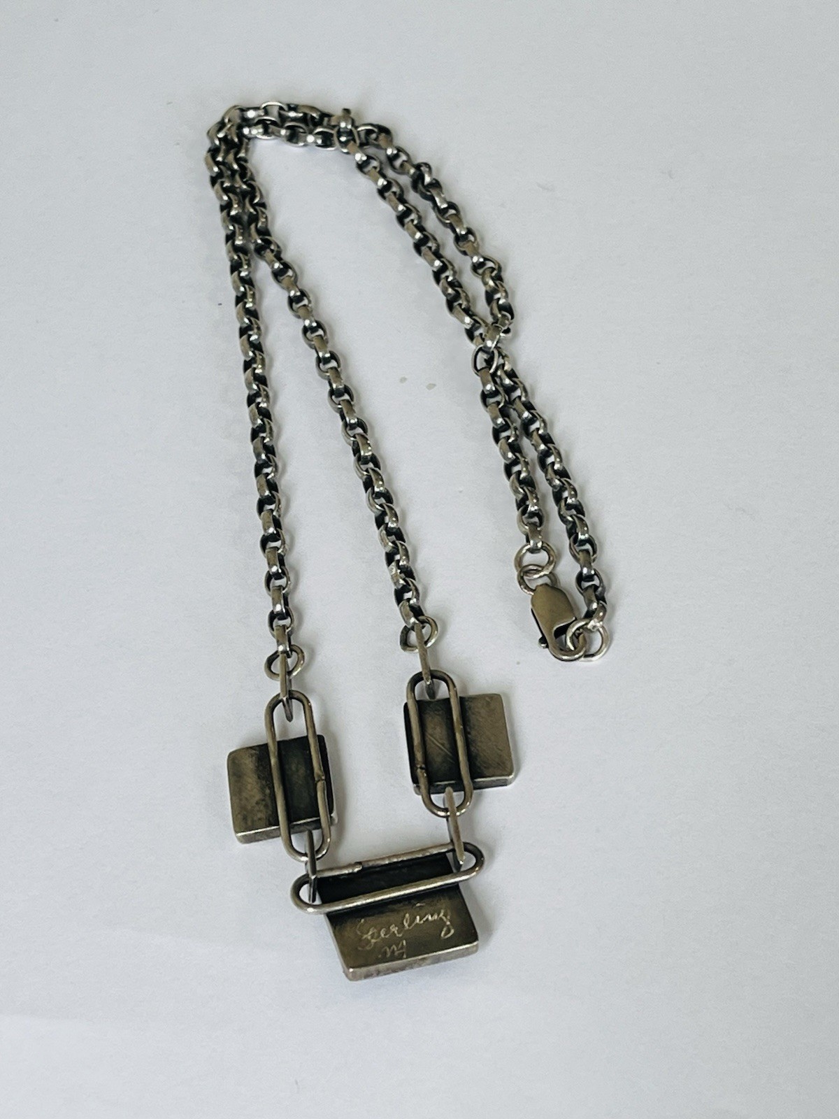 Vintage Signed Modernist Mixed Metal Sterling Silver Stone Link Necklace 32Grams