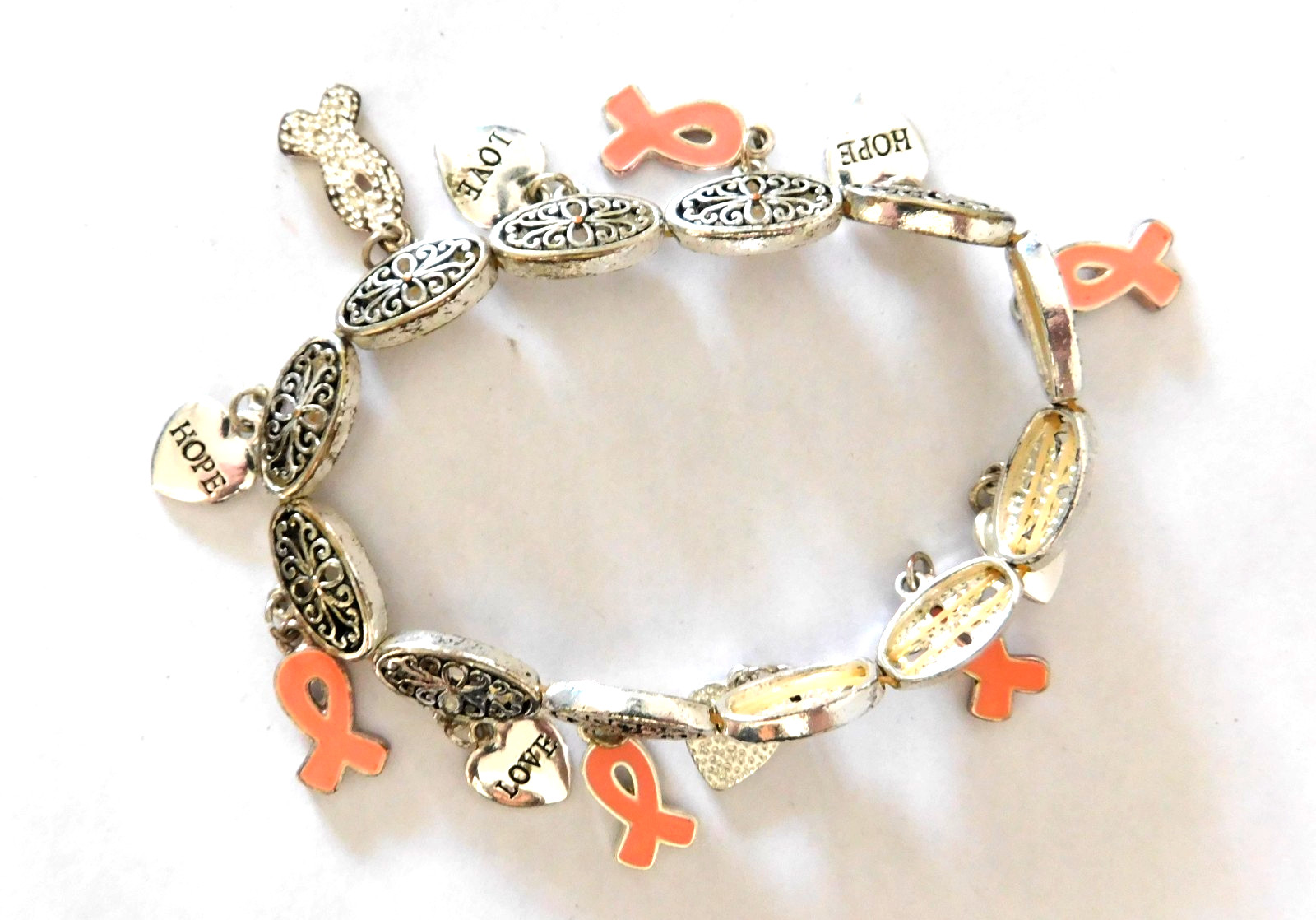 Breast Cancer Awareness Pink Ribbon Silvertone Charm Bracelet