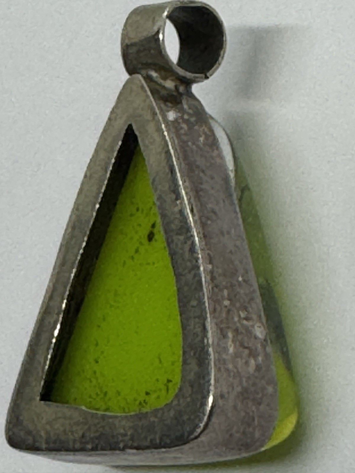 Sterling Silver Fused Lime Green Glass Pendant Triangle 1 1/4″