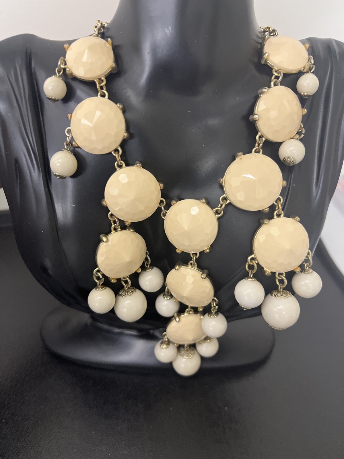 Chunky Beaded Statement Vintage Necklace Bib Style Cream & White Coloring 24-26”