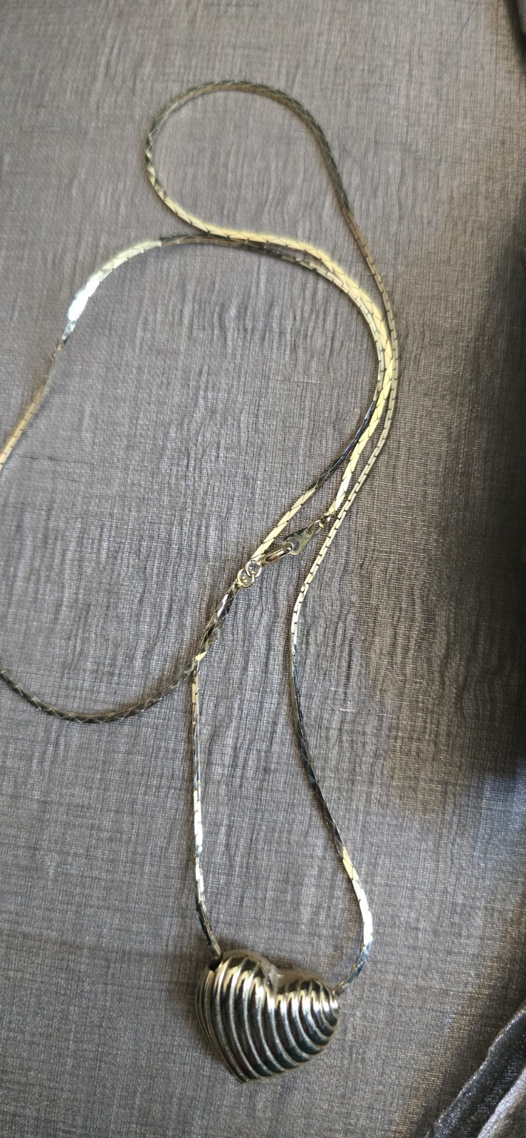 Goldtone Vintage Lined Puff Heart on 24 Inch Snake Chain Necklace