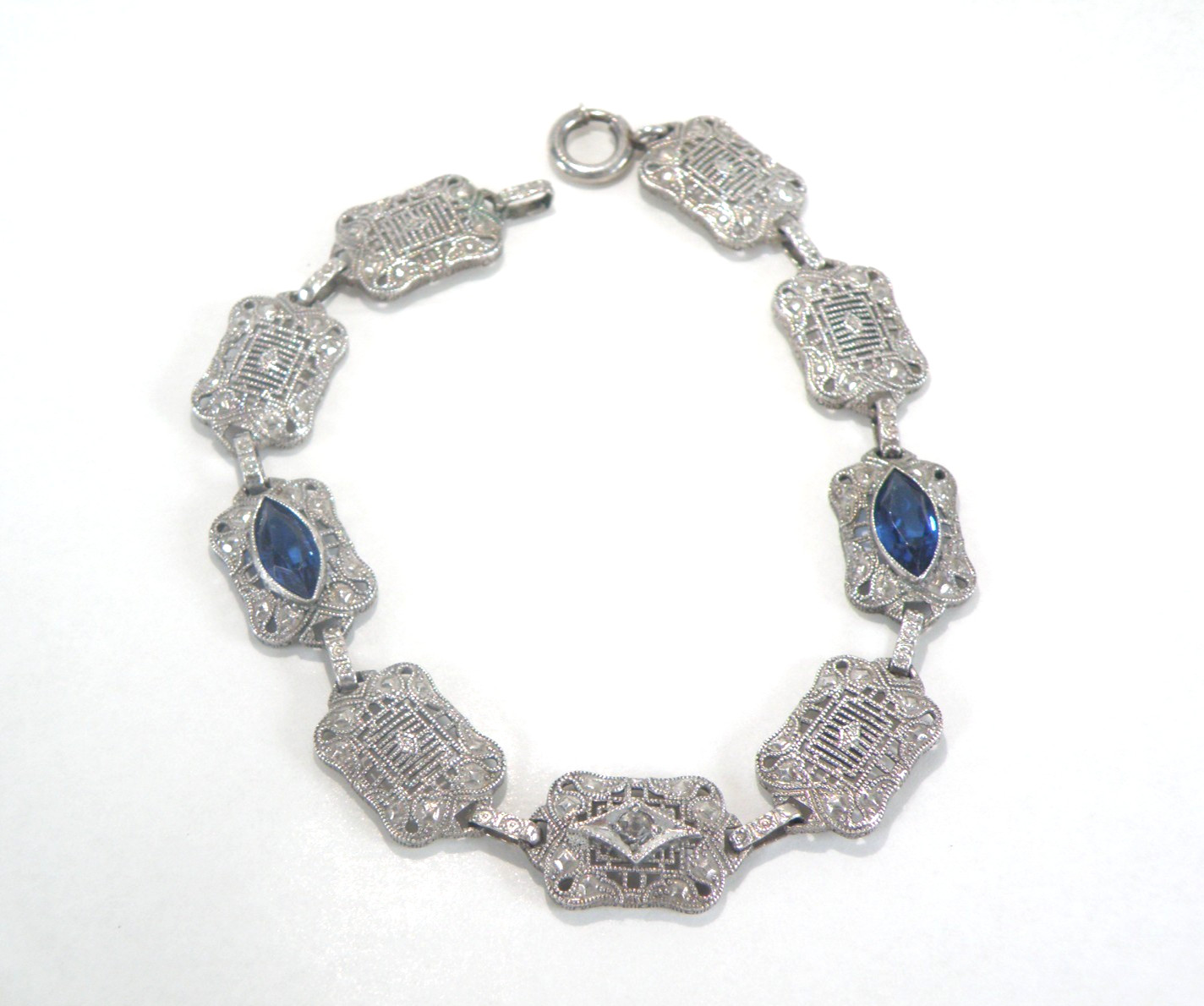 Art Deco Sterling Silver Sapphire Paste Filigree Station Antique Bracelet 7.5″