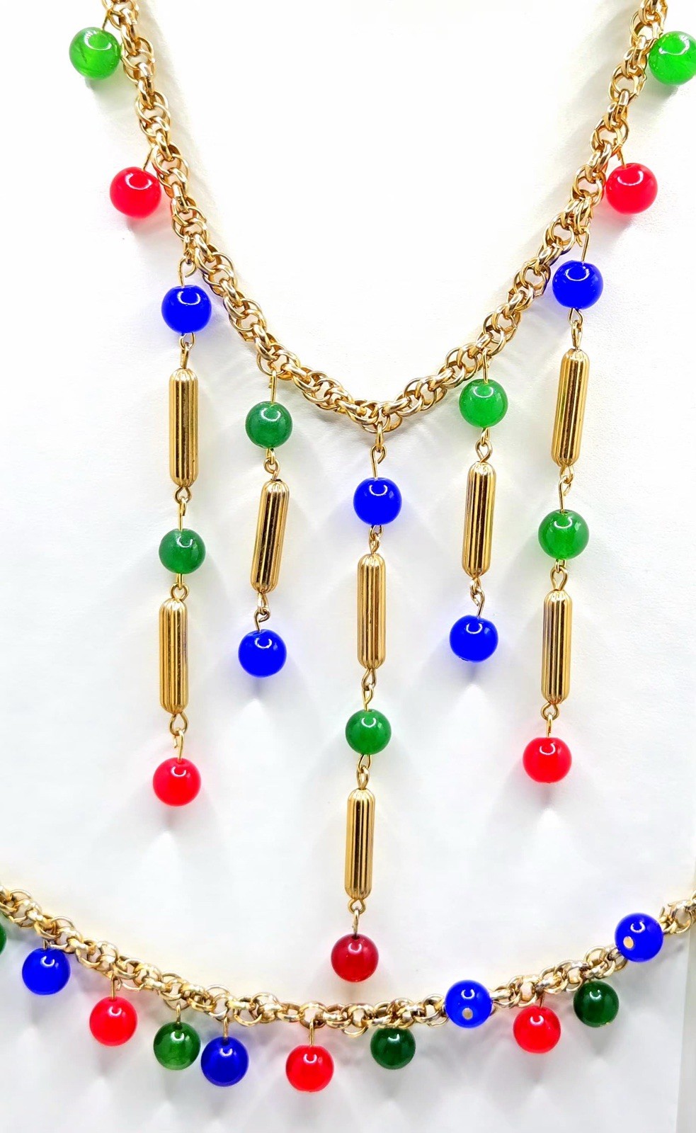 VTG Necklace & Bracelet Set, Gold Tone Chain with Red, Blue, Green Glass Beads