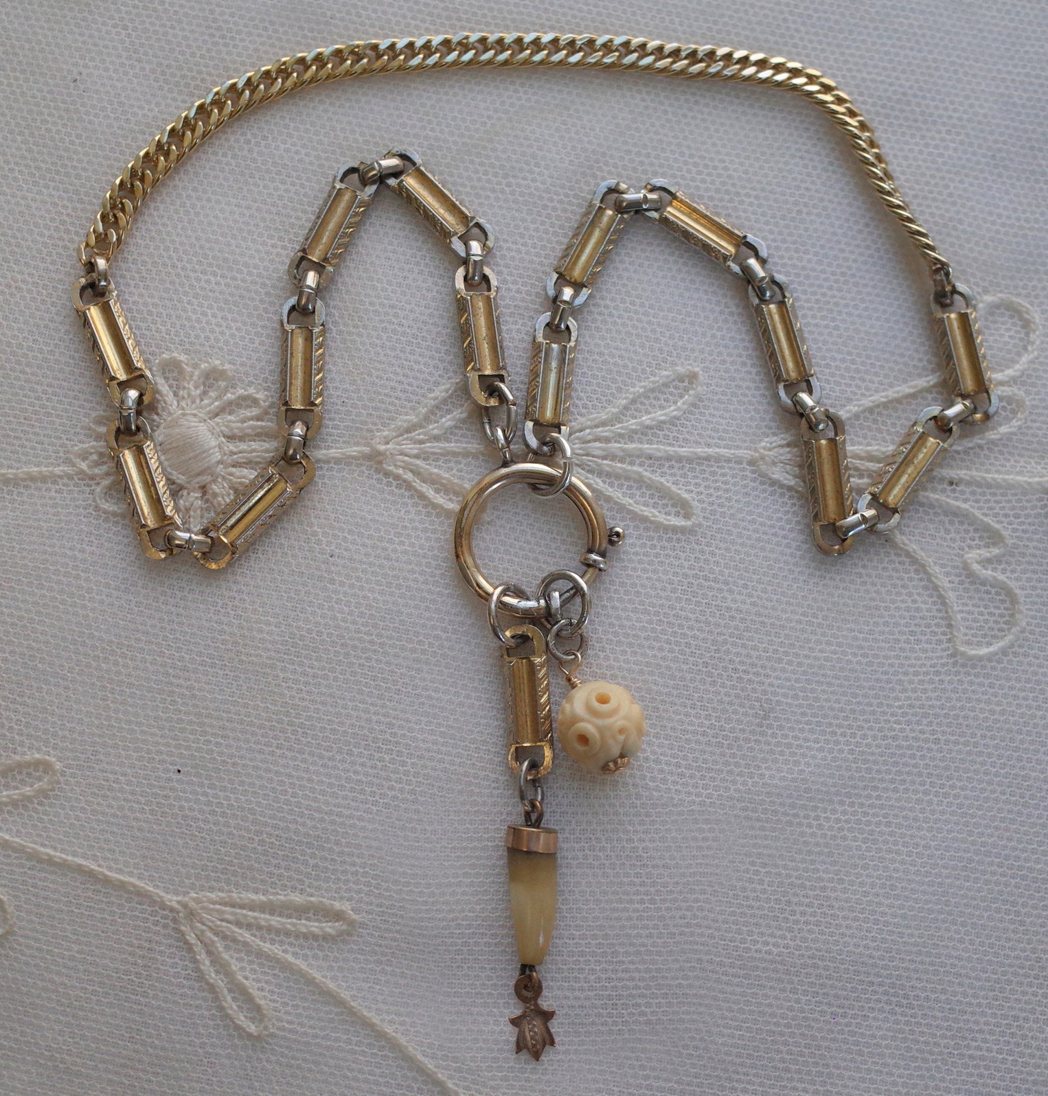Antique Tooth Fob & Carved Bead Necklace 2 Tone Silver Gold Bar Link Watch Chain