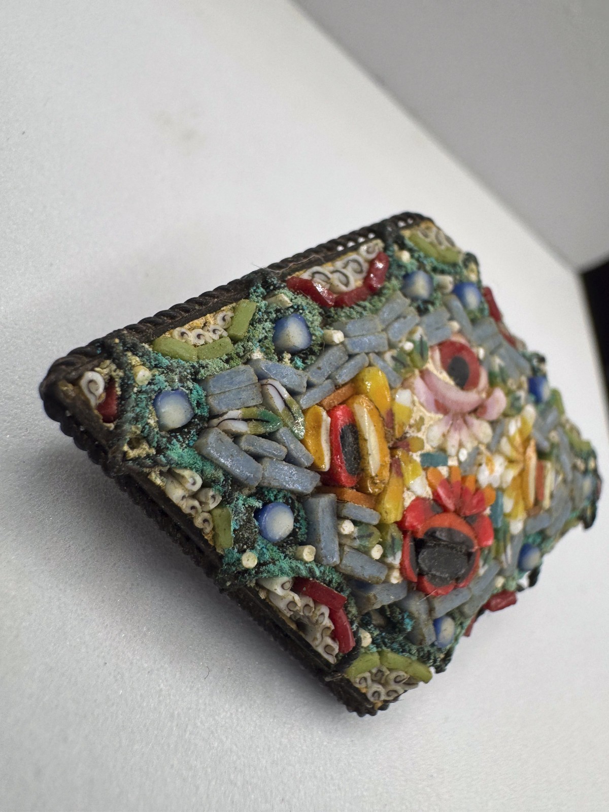 Vintage Italian Micro Mosaic Floral Brooch Pin Diamond Lozenge Glass Tile Italy