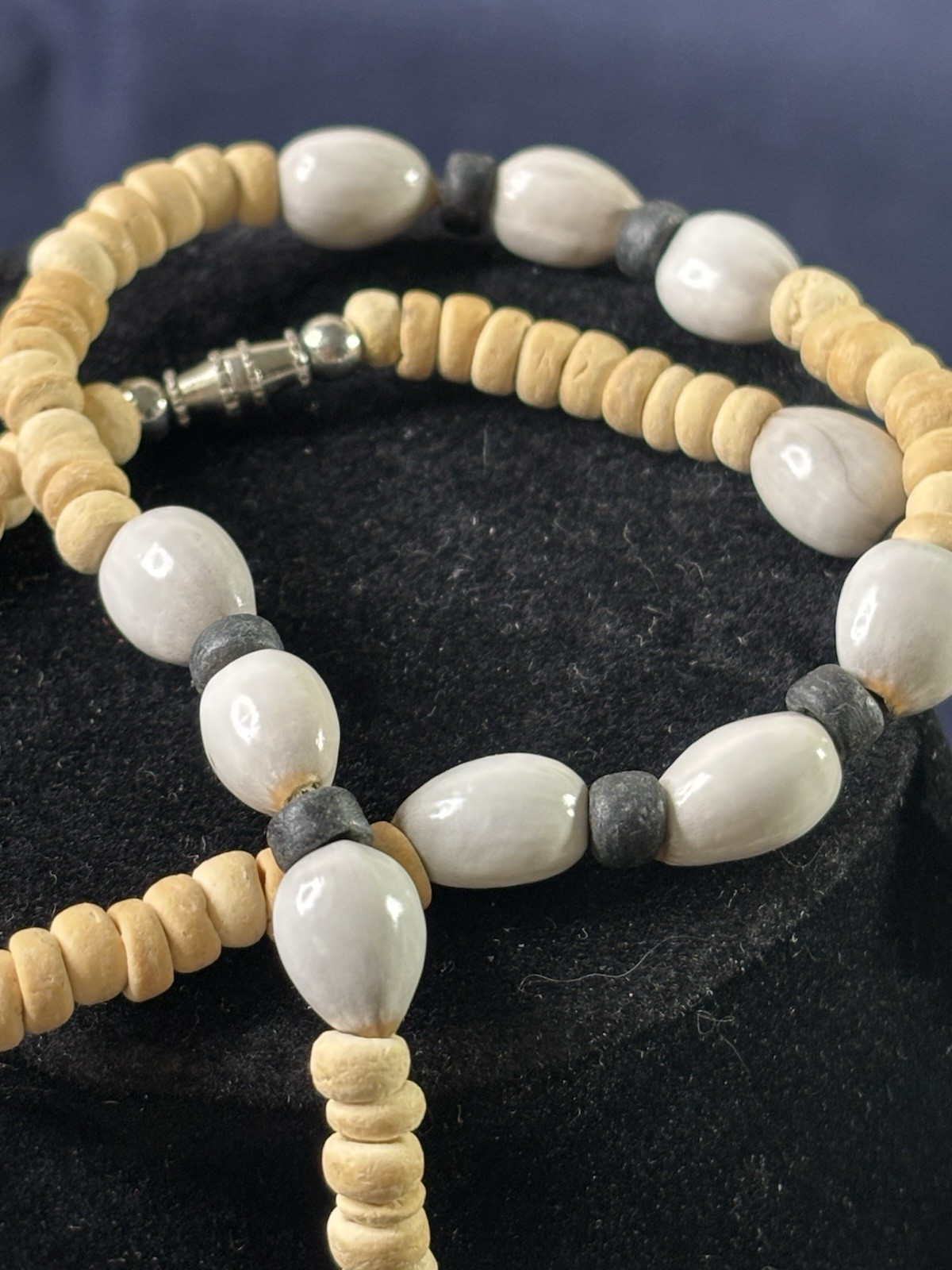 Vintage Wood Brown, White Ceramic, & Black Beaded Necklace