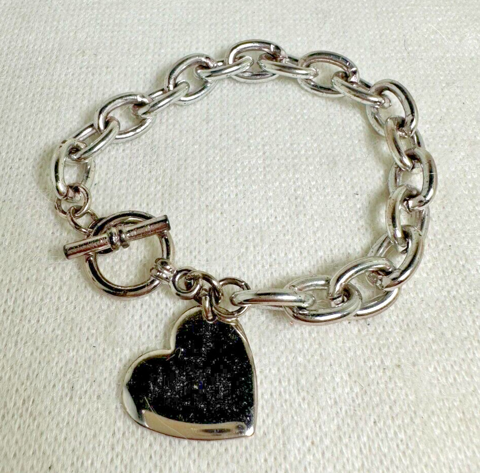 Silver Tone Big Link Bracelet with a Heart Charm and Toggle Closure 7″