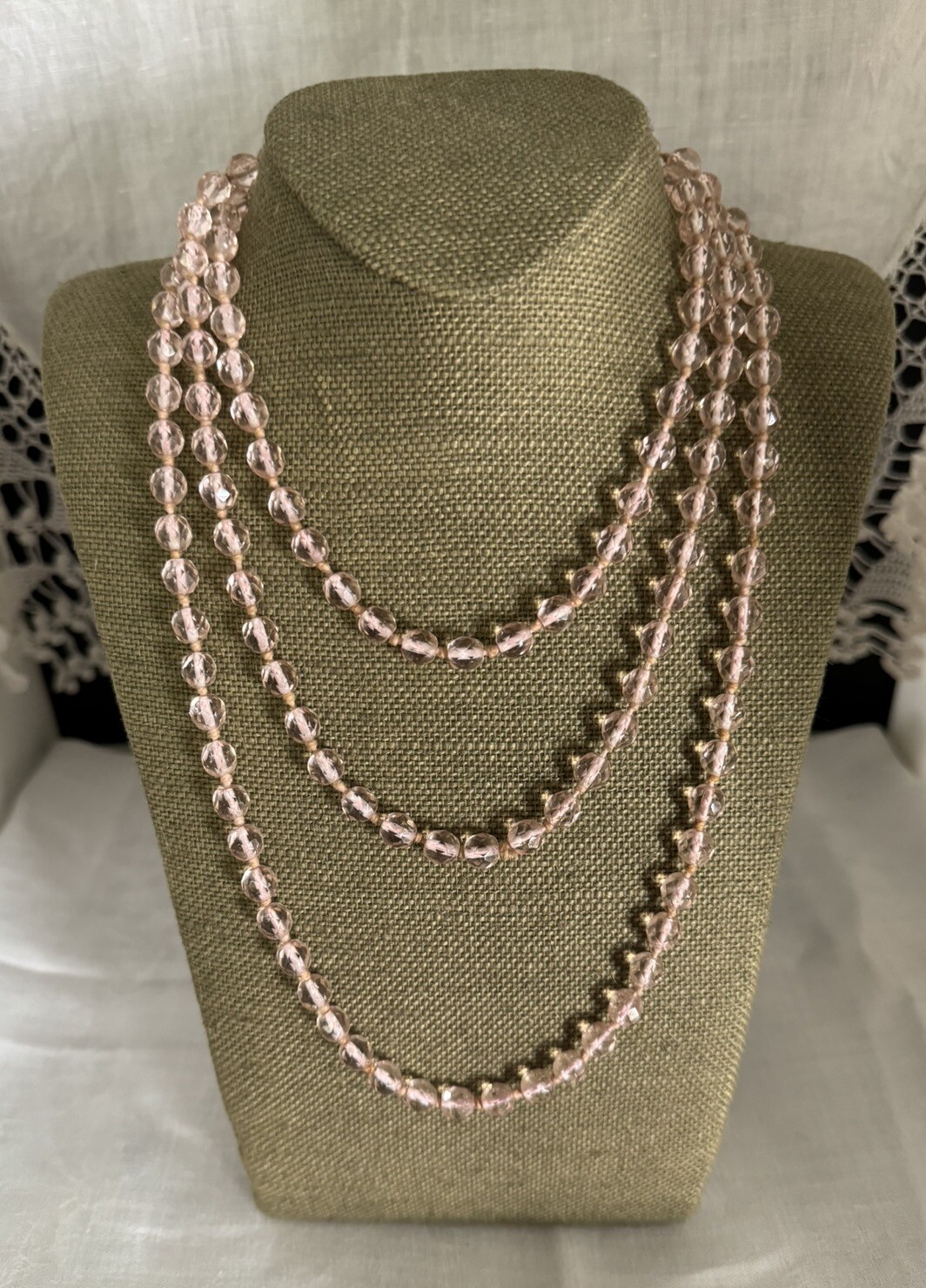 Vintage 30’s No Clasp Hand Knotted Art Deco Pink Crystal Necklace