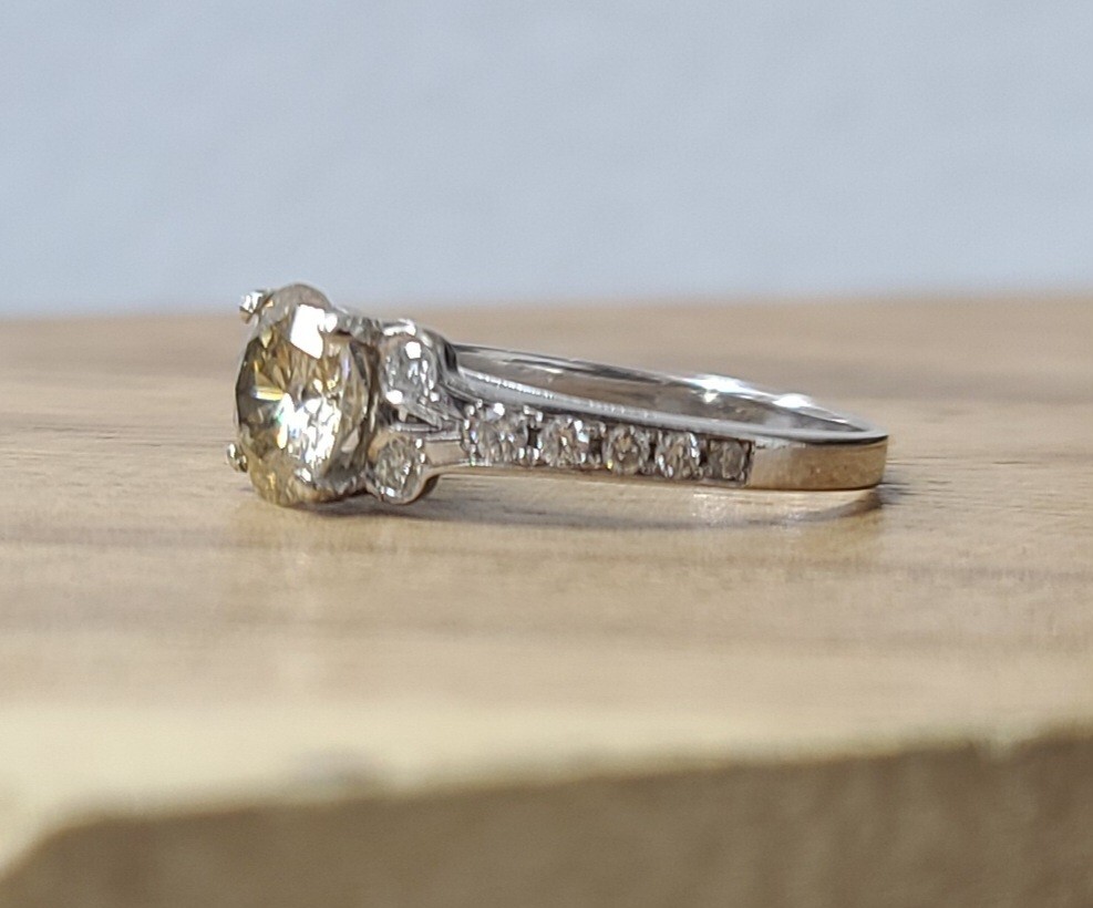 Vintage 14k White Gold Engagement Ring 1.28ct. Natural Champagne Round Diamond