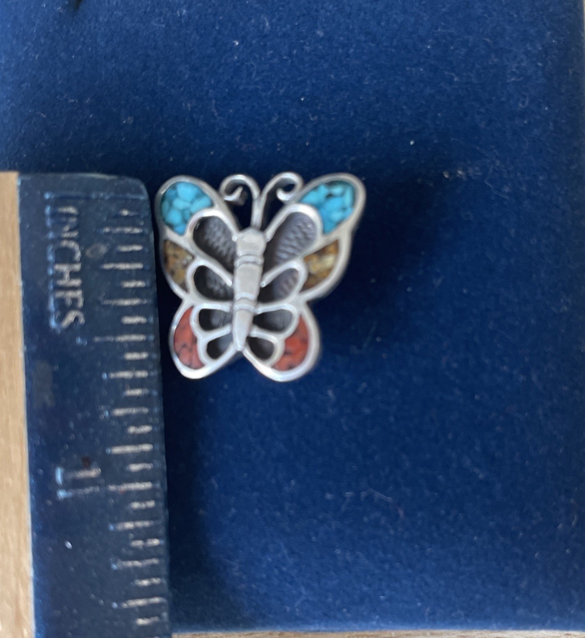 VTG Pendant Butterfly Sterling Silver Turquoise Coral Chip Inlay Southwestern 4g