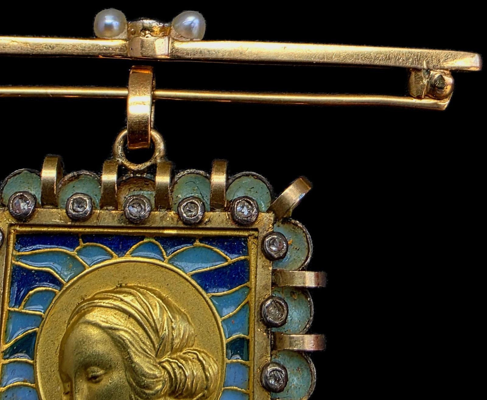 Fine Antique Art Deco 18K Gold Plique a Jour Virgin Mary Pendant Brooch C 1930