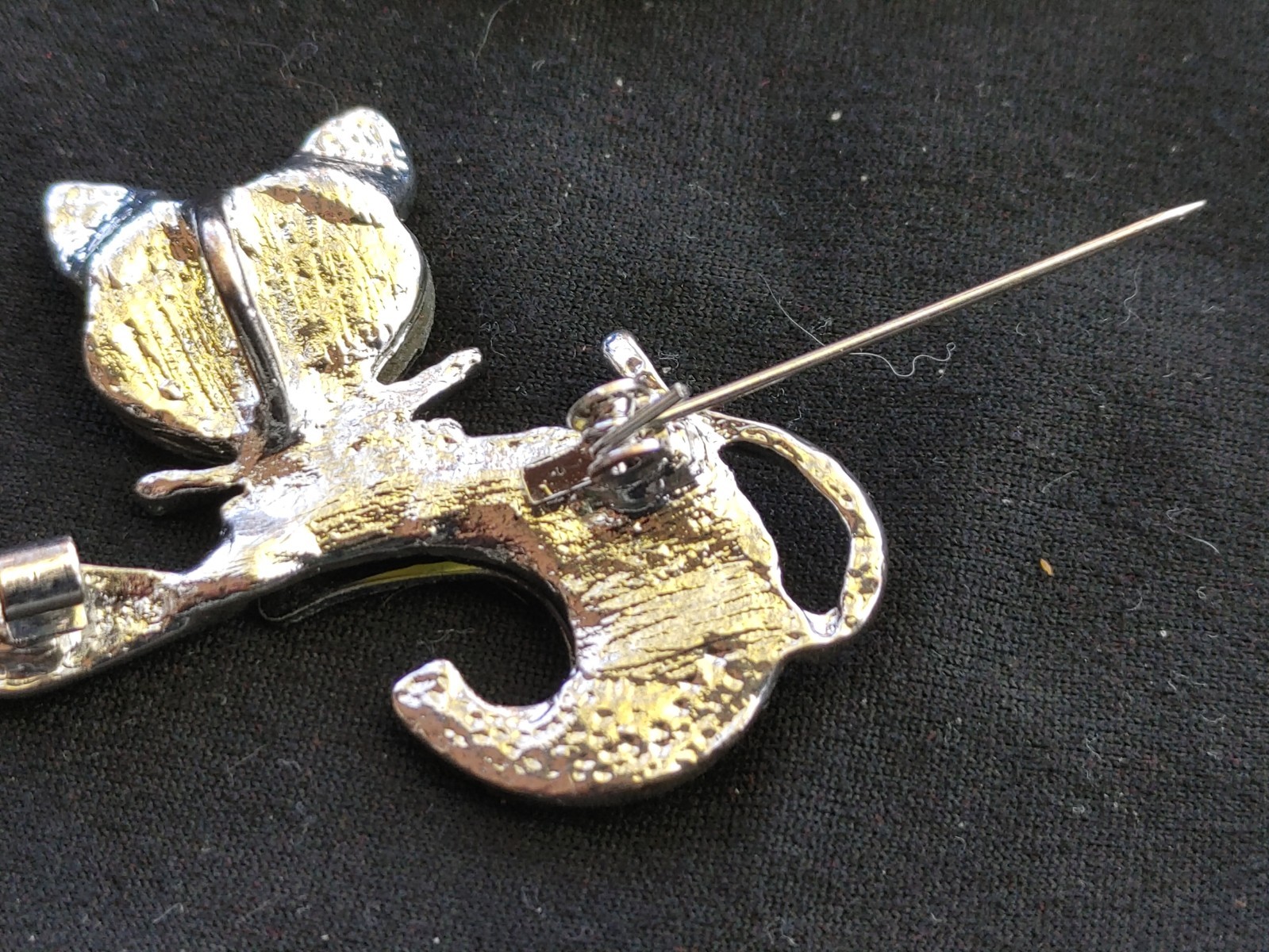 2 Pc. Lot Of Whimsical Retro Cat Brooches Faux Abalone Silver Tone 2″