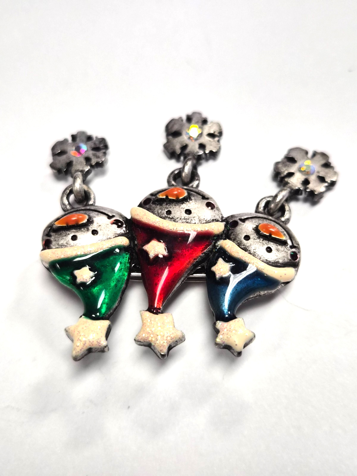 Vintage 90’s Signed AJMC Snowmen W/ Dangle Rhinestone Snowflakes Pin / Brooch