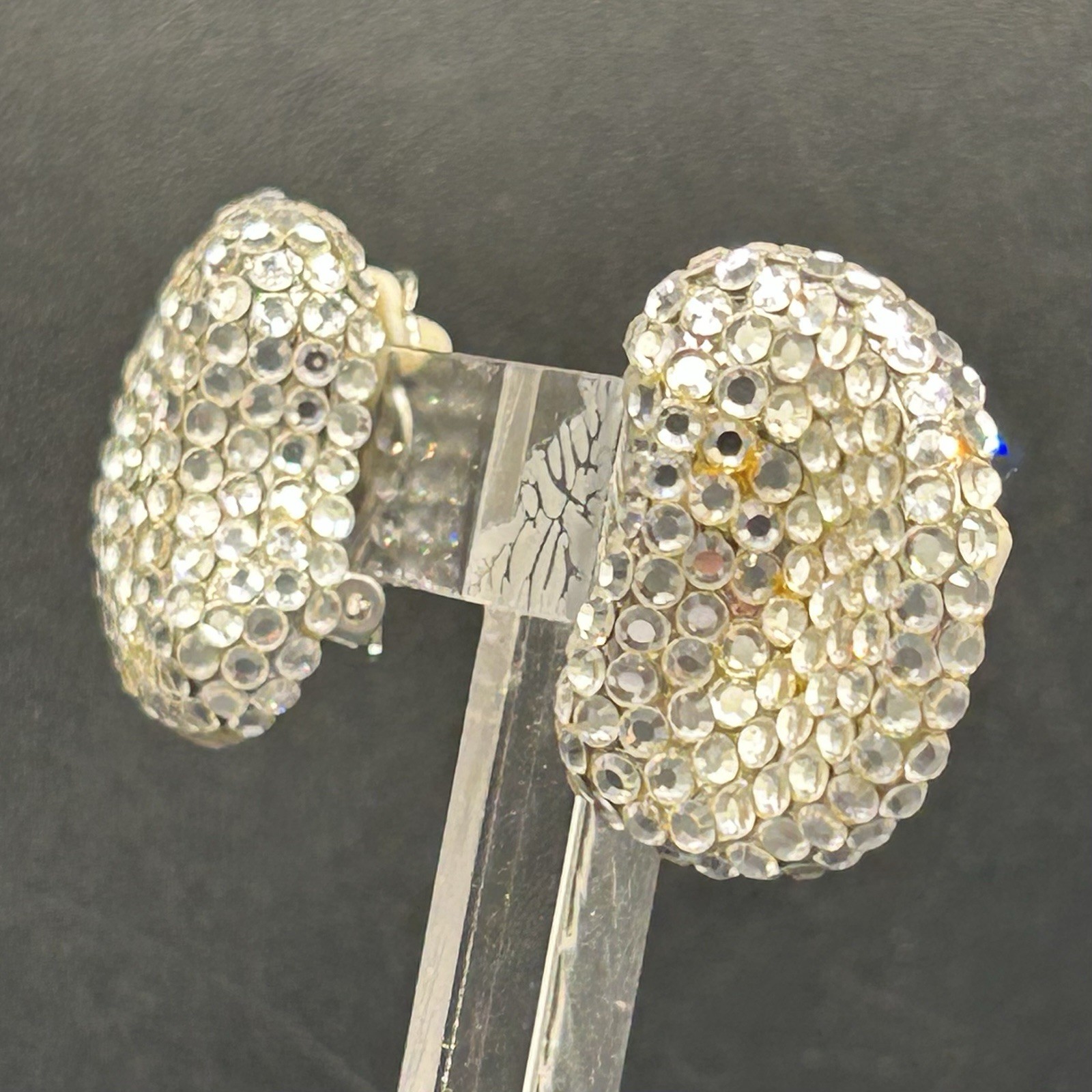 Vintage 80s 90s Rhinestone Clip On Earrings Silver Tone Clear Pave NOS