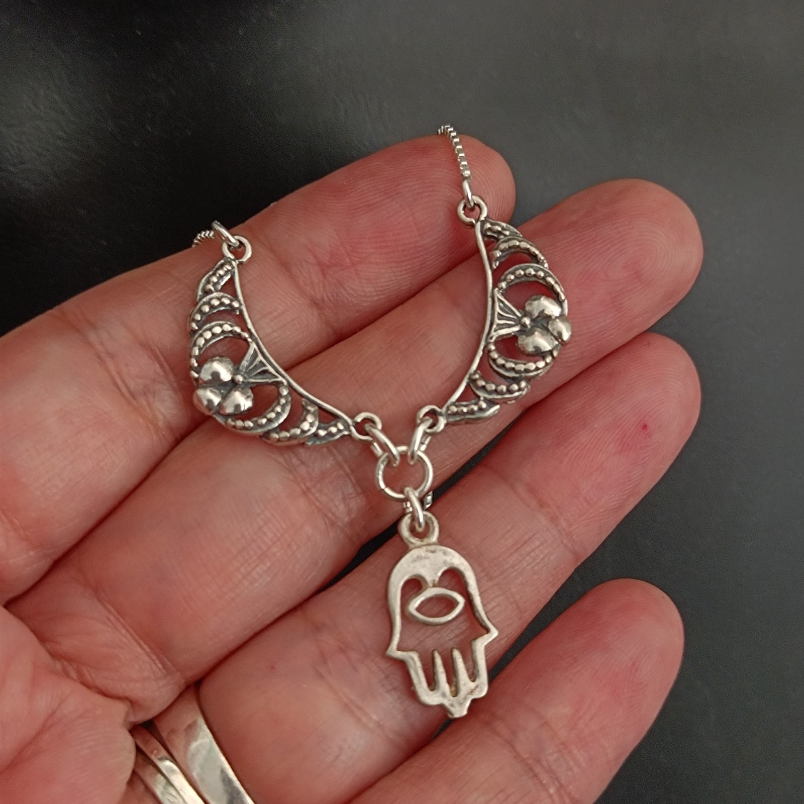 Sterling Silver Hamsa Necklace Hand of Fatima Vintage Ethnic Bib Spiritual Gift
