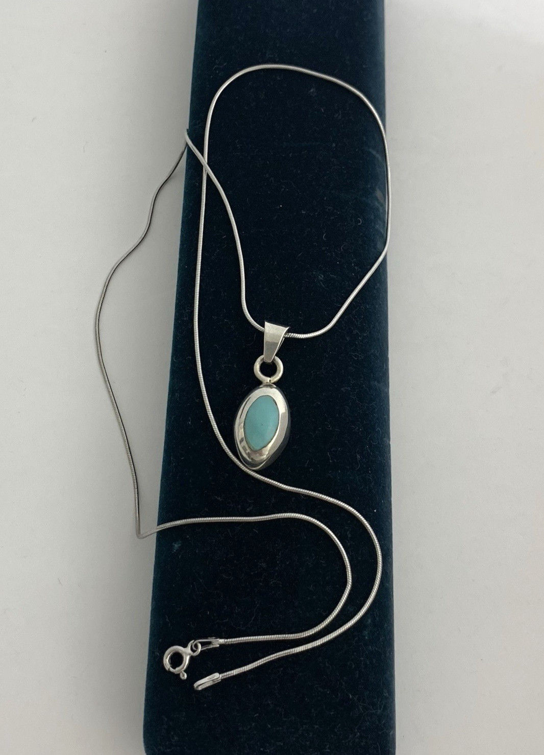 Vintage Mexico 925 Sterling Silver Necklace Blue Turquoise Inlay Pendant
