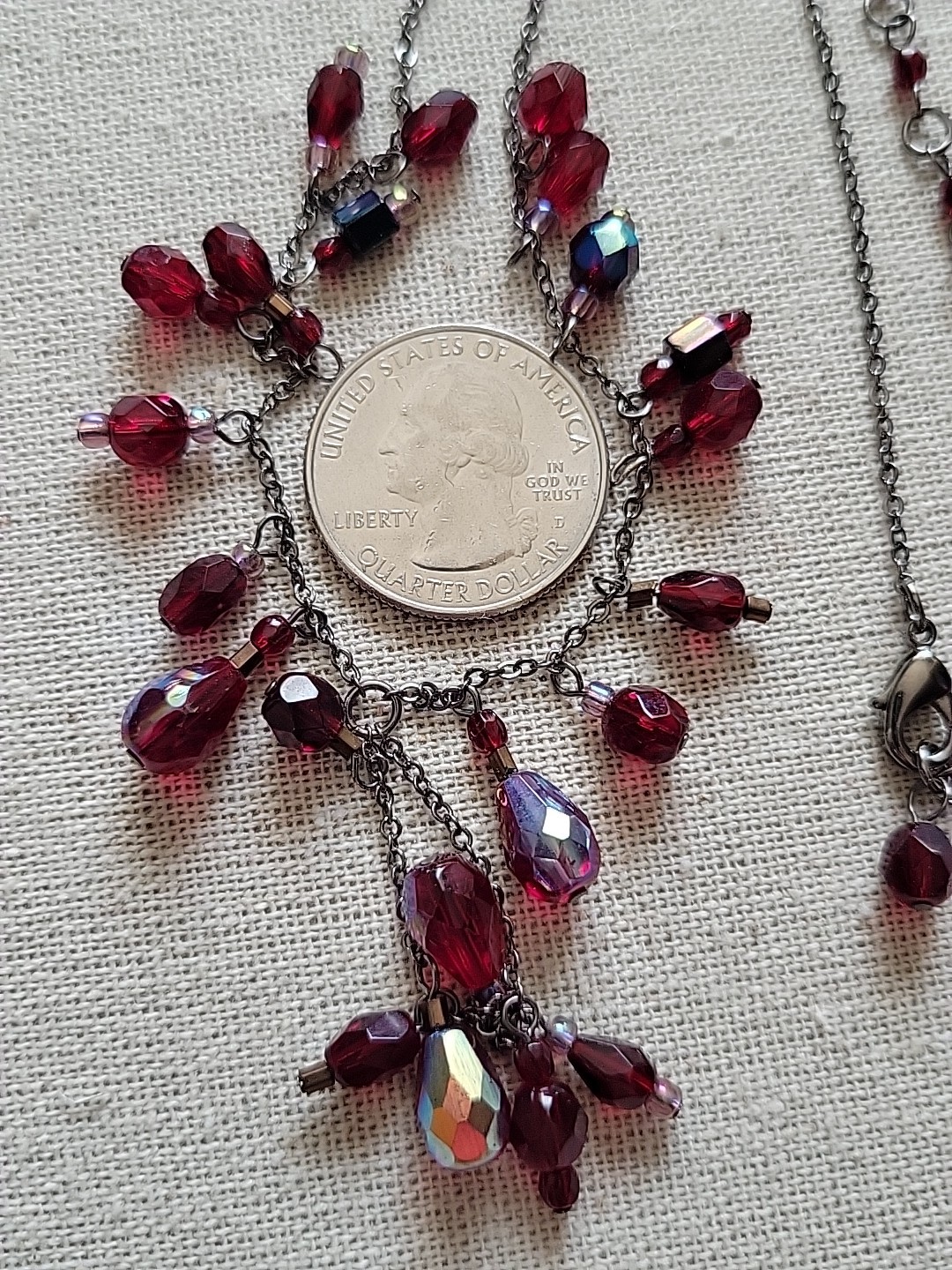 Vintage Ruby Red Faceted Glass Teardrop Iridescent Beaded Necklace On 22″ Chain