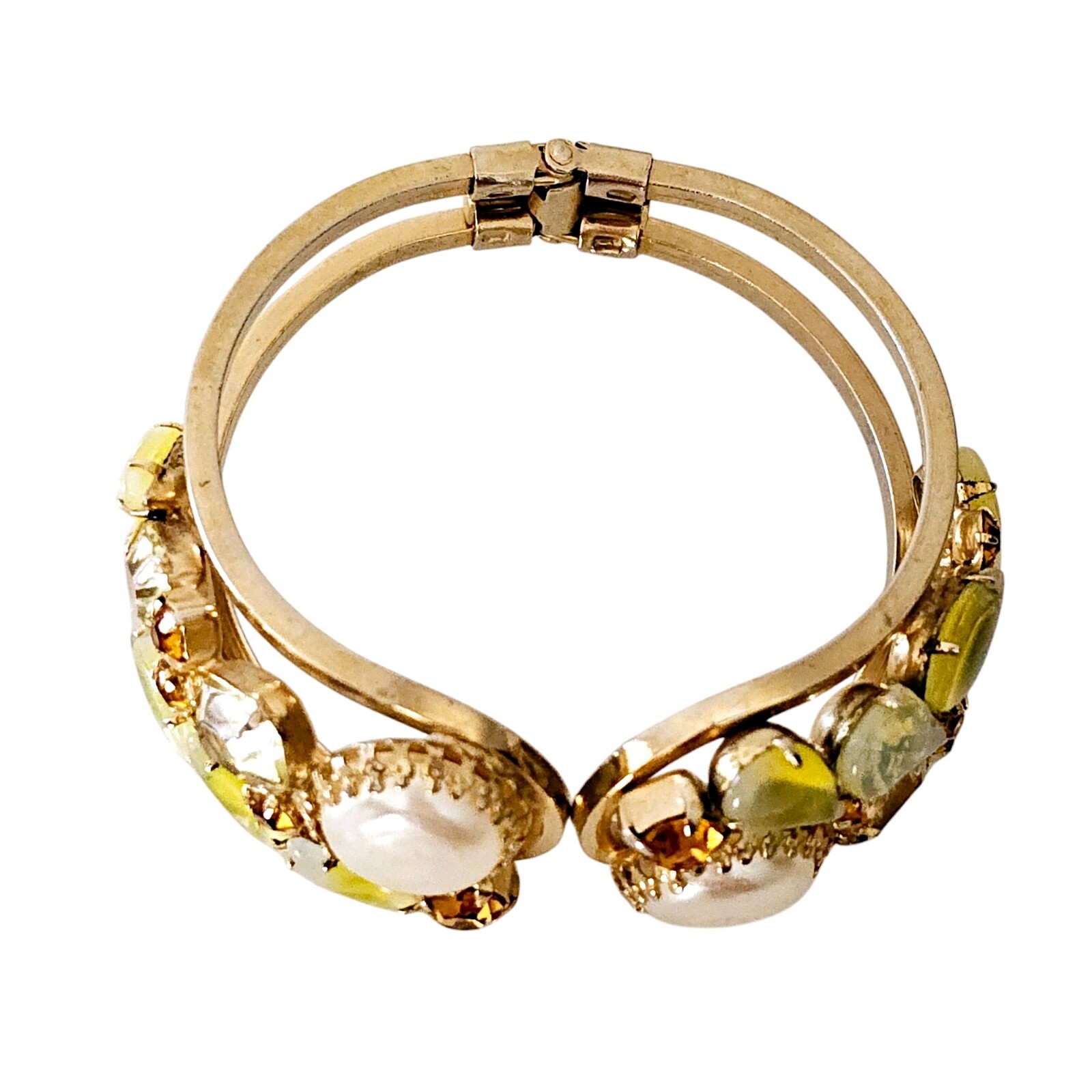 Vintage Juliana DeLizza & Elster Pearls Opalescent Rhinestone Clamper Bracelet