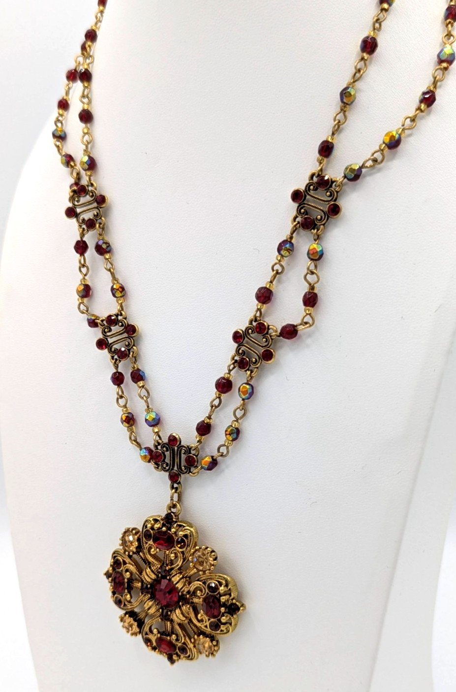 Vintage Avon Red Festoon Pendant Necklace Victorian Revival Maltese Cross