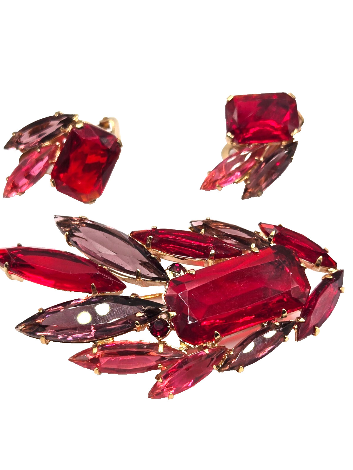 Vintage Red Rhinestone Brooch & Clip Earrings Set Ruby & Fuchsia Glass