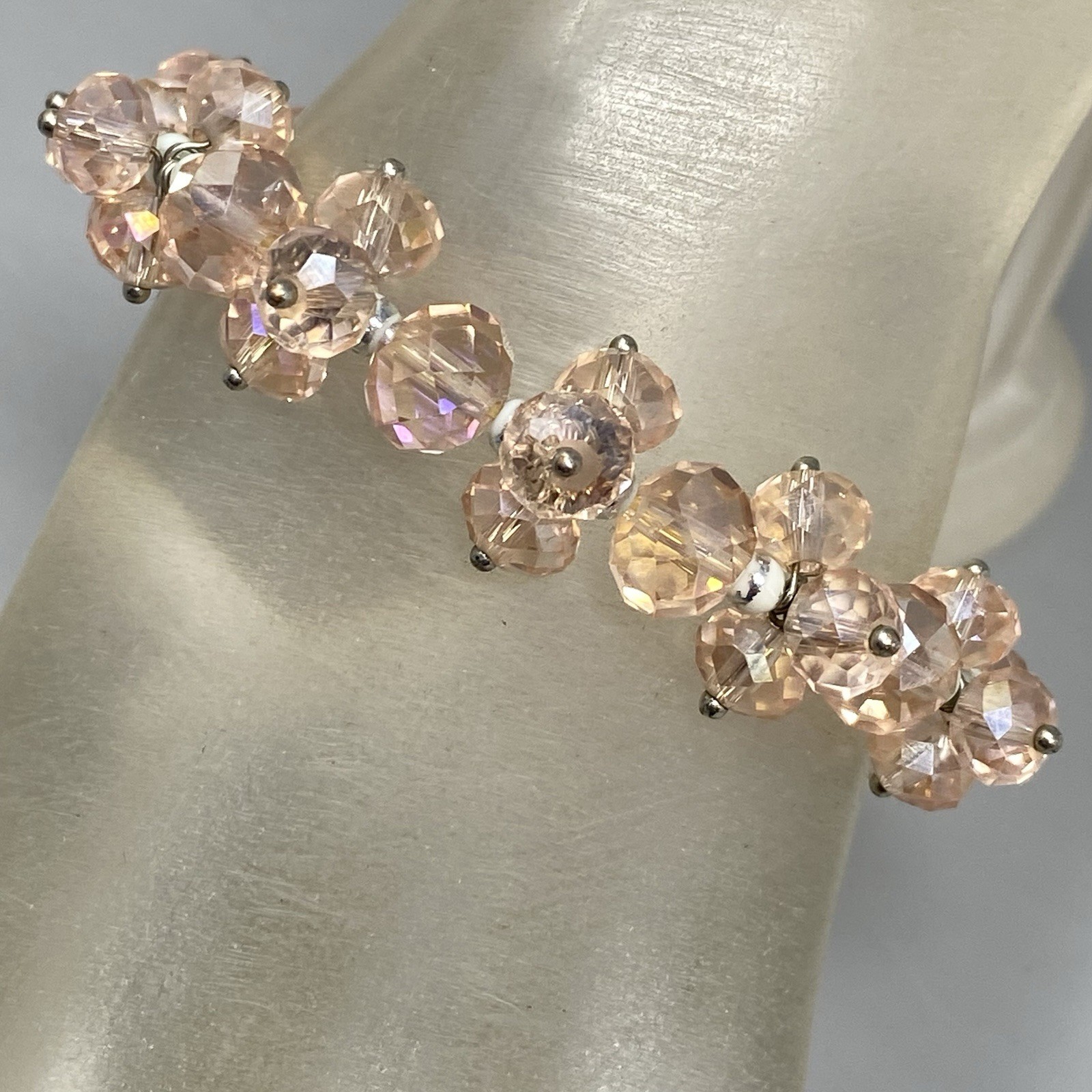 VTG Pink Glass Bead Cluster Bracelet Stretch Fire Polished AB Coated Retro 6.5″