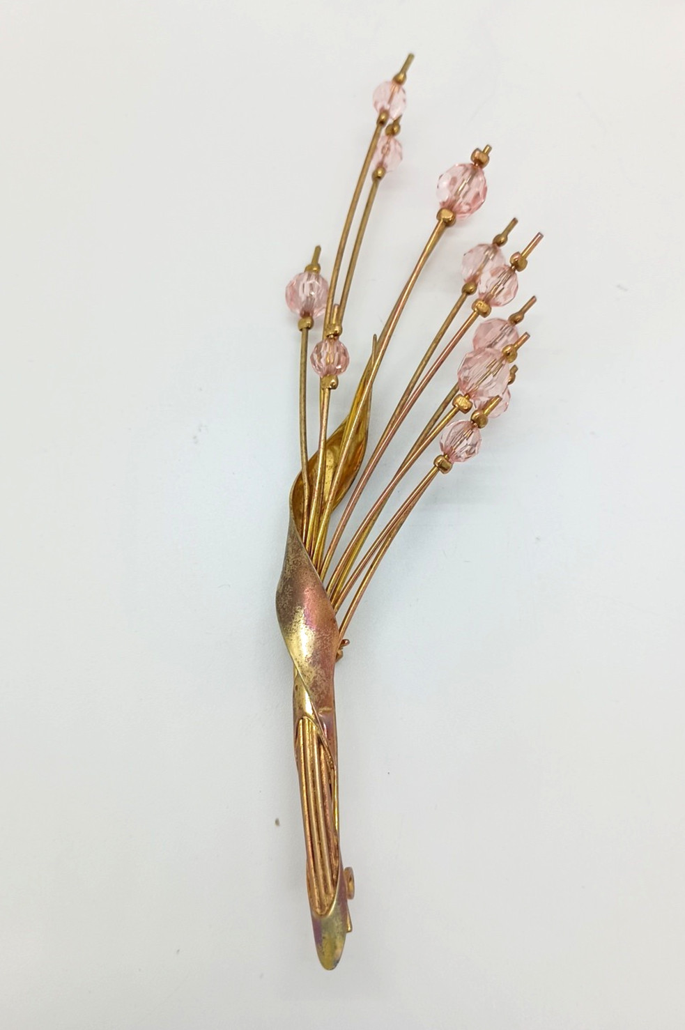 Vintage Gold Tone Brooch Pink Crystal Bead Spray Cattail VGC Retro