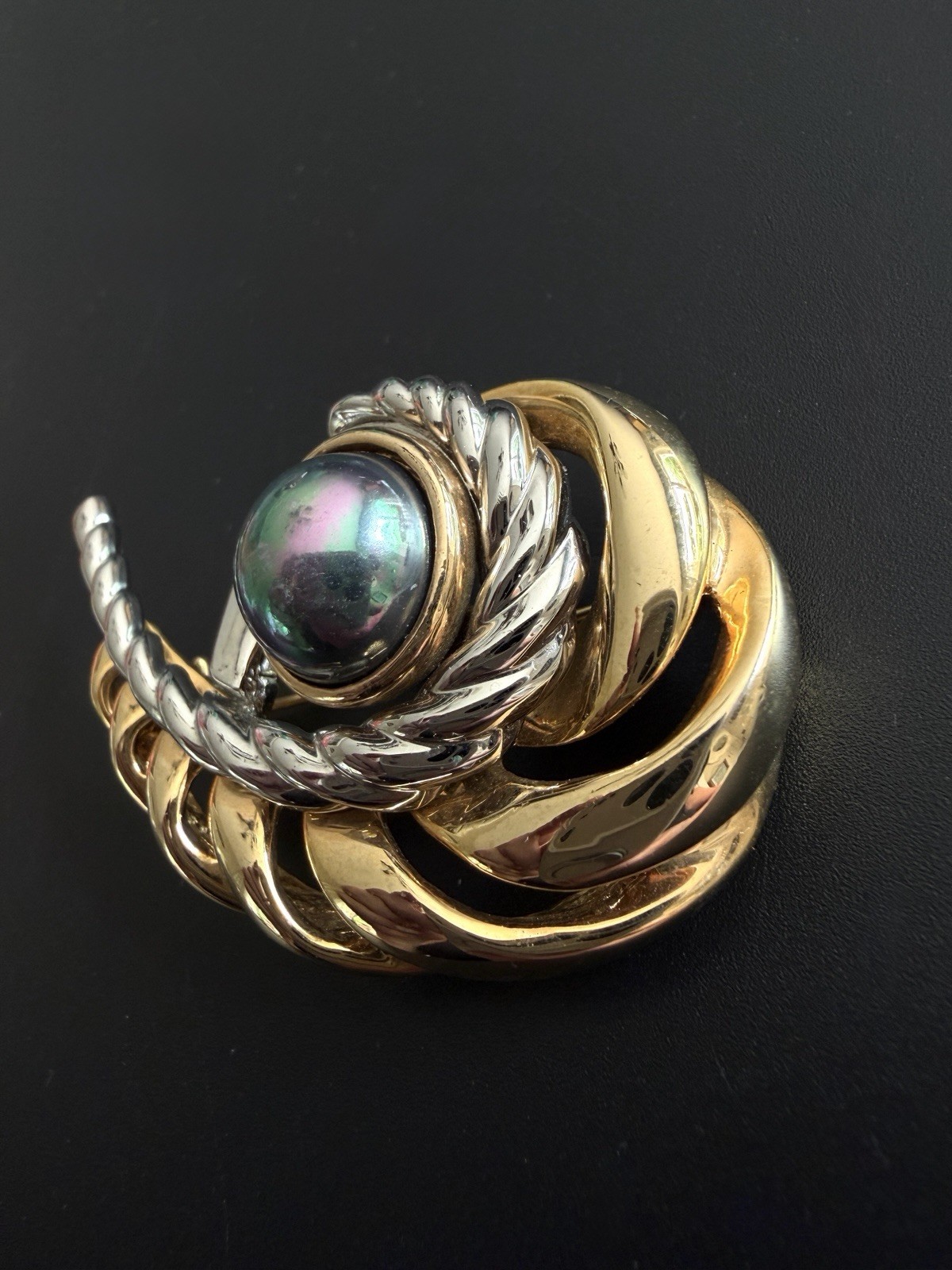 Peacock Faux Mabe Pearl Brooch Two Tone Gold Silver Swirl Ribbon Statement