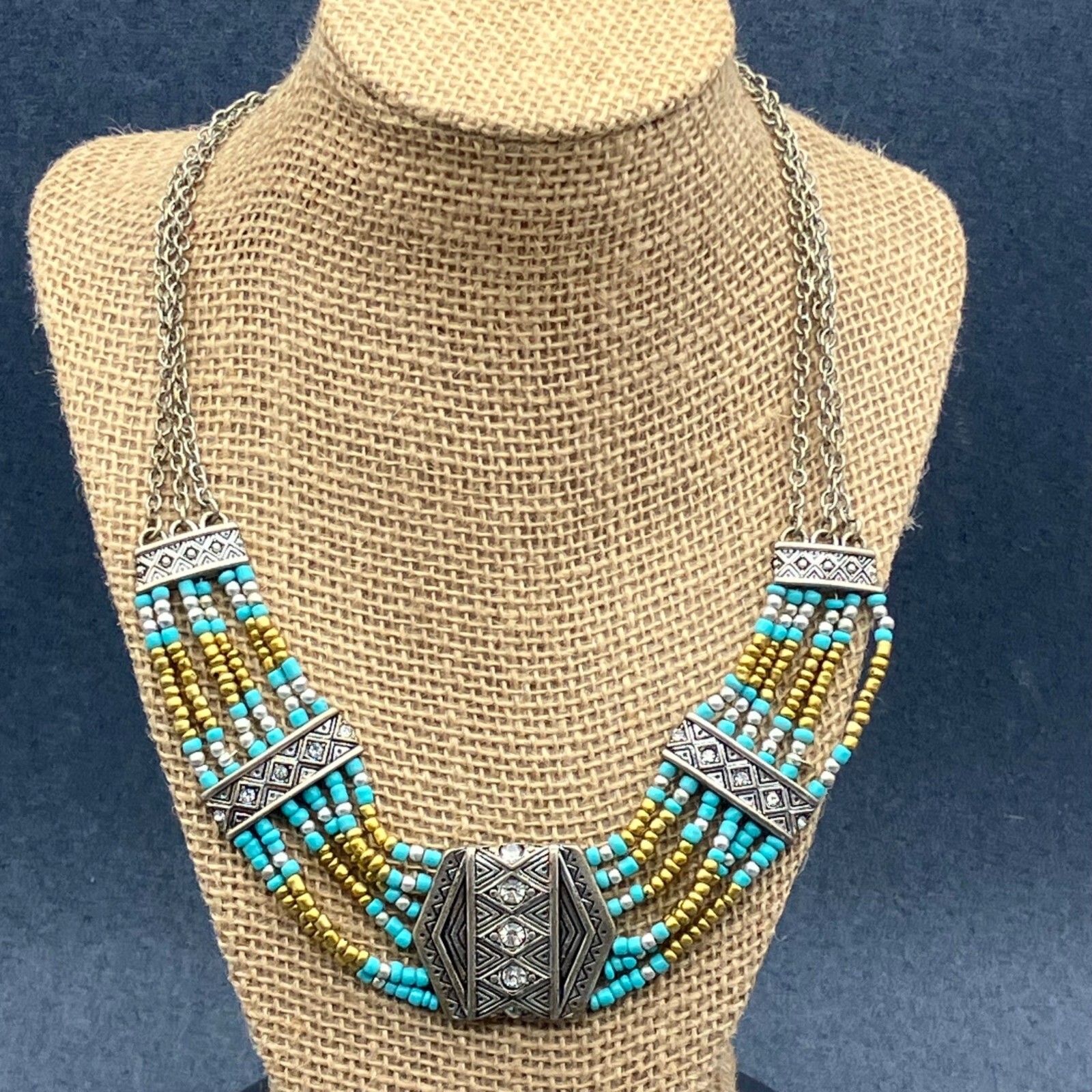 Bohemian Multi-Strand Necklace 19 In Tribal Rhinestone Turquoise Beaded Chain