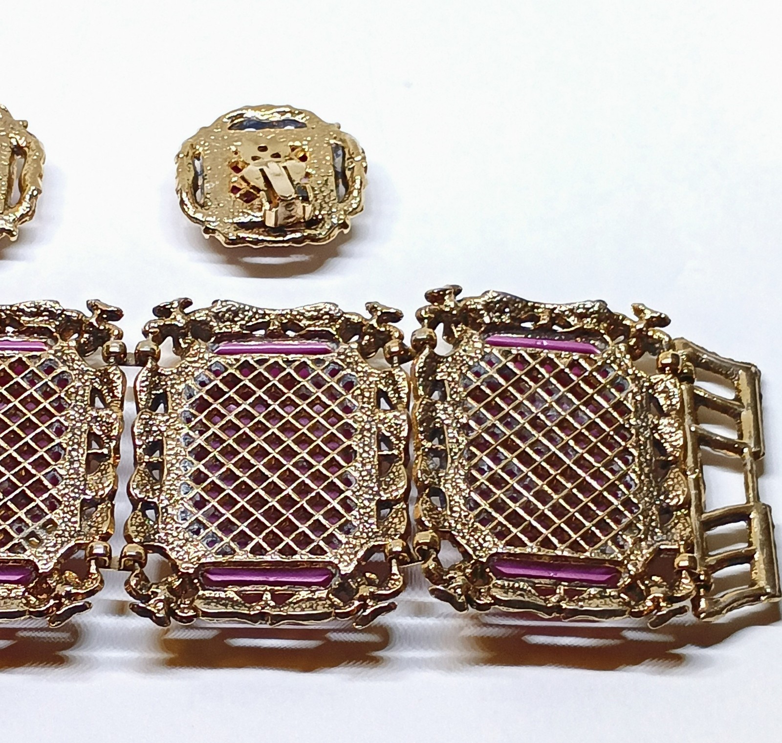Vintage Purple Thermoset Lucite Chunky Wide Link Bangle Bracelet Earring Set