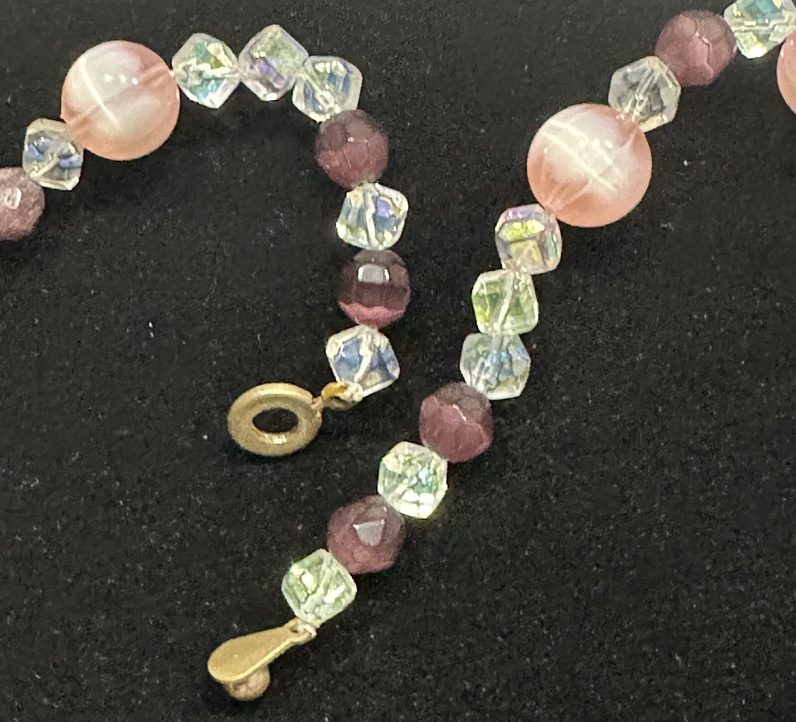Vintage Pink Rose QUARTZ Genuine Stone & Crystal Beaded Necklace – 19” Goldtone