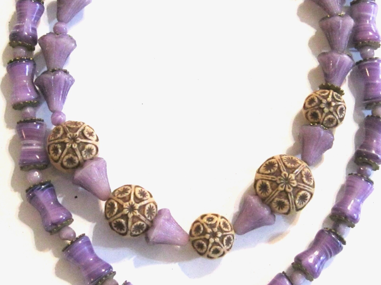 NEIGER BROS ANTIQUE ART DECO CZECH GLASS BEAD NECKLACE RARE PURPLE TAN FLORAL