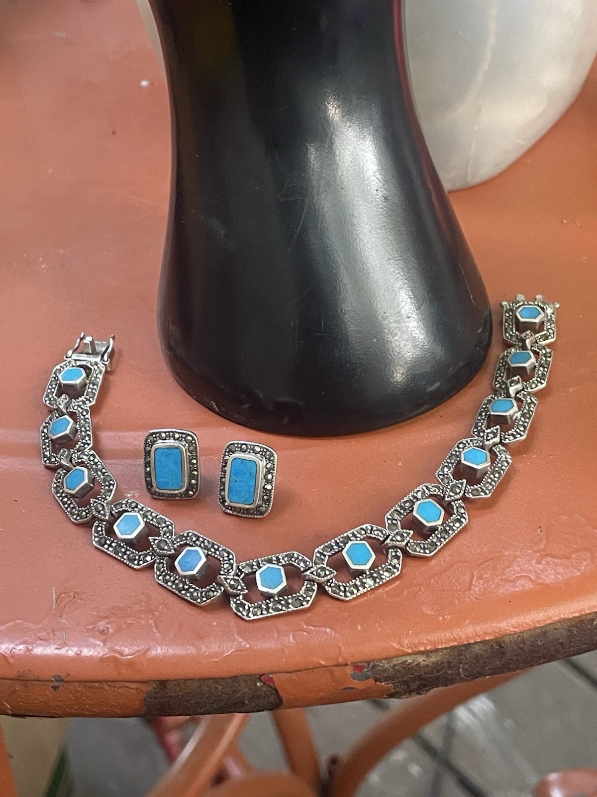 VTG .925 Stamped Sterling Silver Geometric Blue Turquoise Bracelet And Earrings