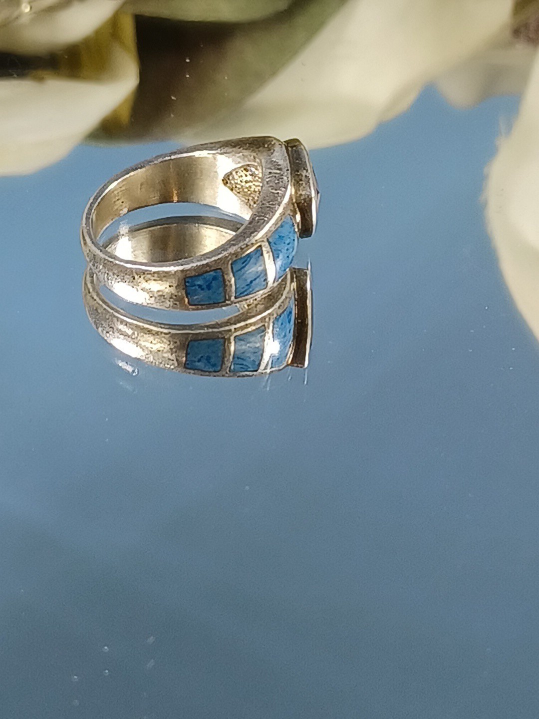 Vintage Sterling Silver Ring Blue Topaz Trillion Cut Stone Turquoise Accents