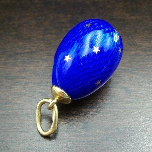 Soviet Era Russian 960 Silver & 18K Gold Blue Guilloche Enamel Egg Pendant