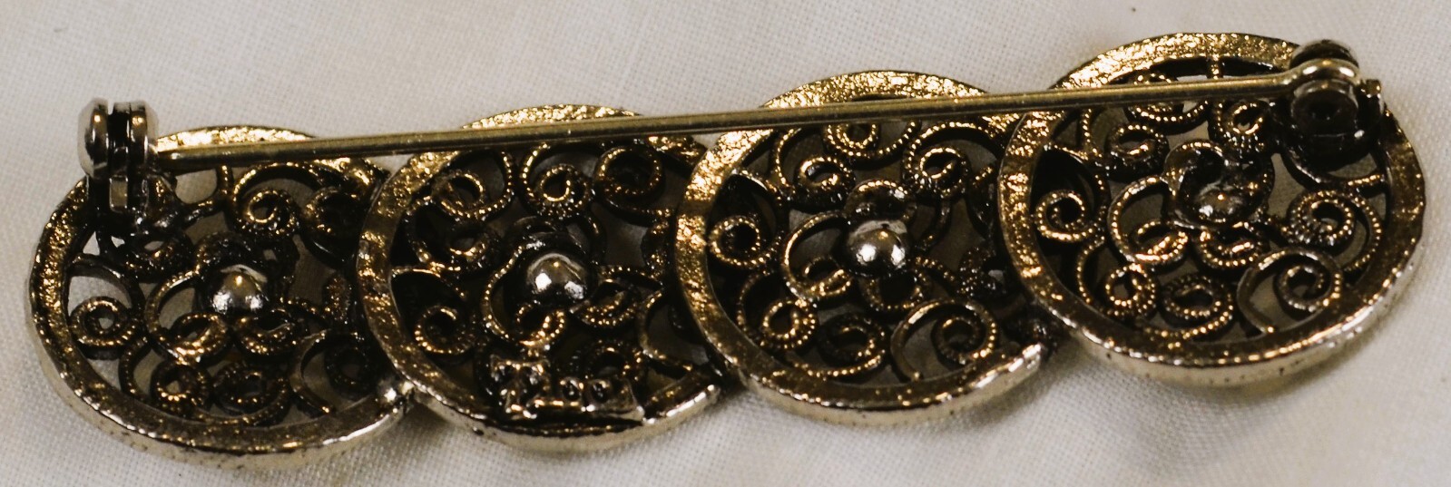Brooch Pin Tacoa Signed Silver Tone with Four Faux Pearls Estate Statement