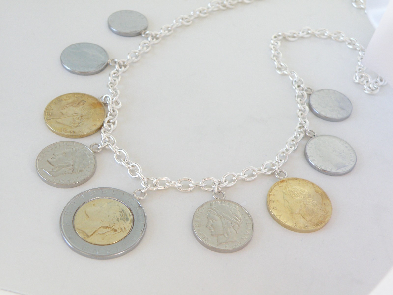 Milor Italy Sterling Silver 925 Italian Coin Charm Rolo Link Heavy Necklace 20″