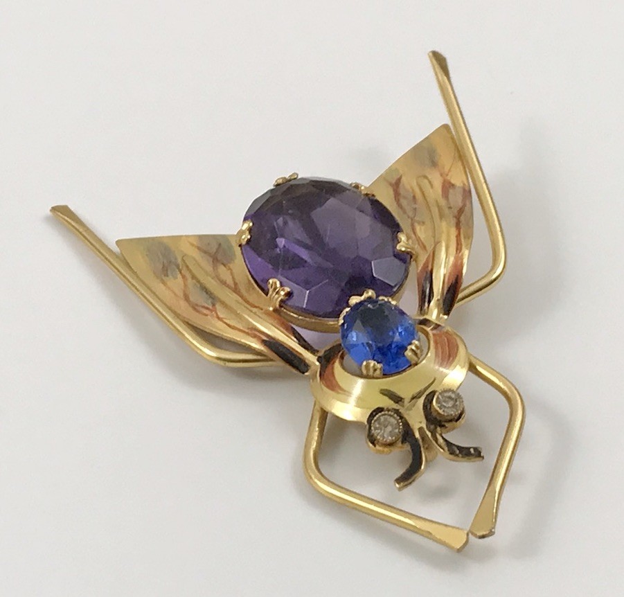 VTG Coro Sterling Silver Purple & Blue Crystals Enamel Fly Insect Brooch Pin #46