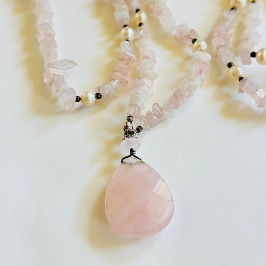VTG Rose Quartz pink Beaded Necklace natural genuine stone pearl beads rare 40″