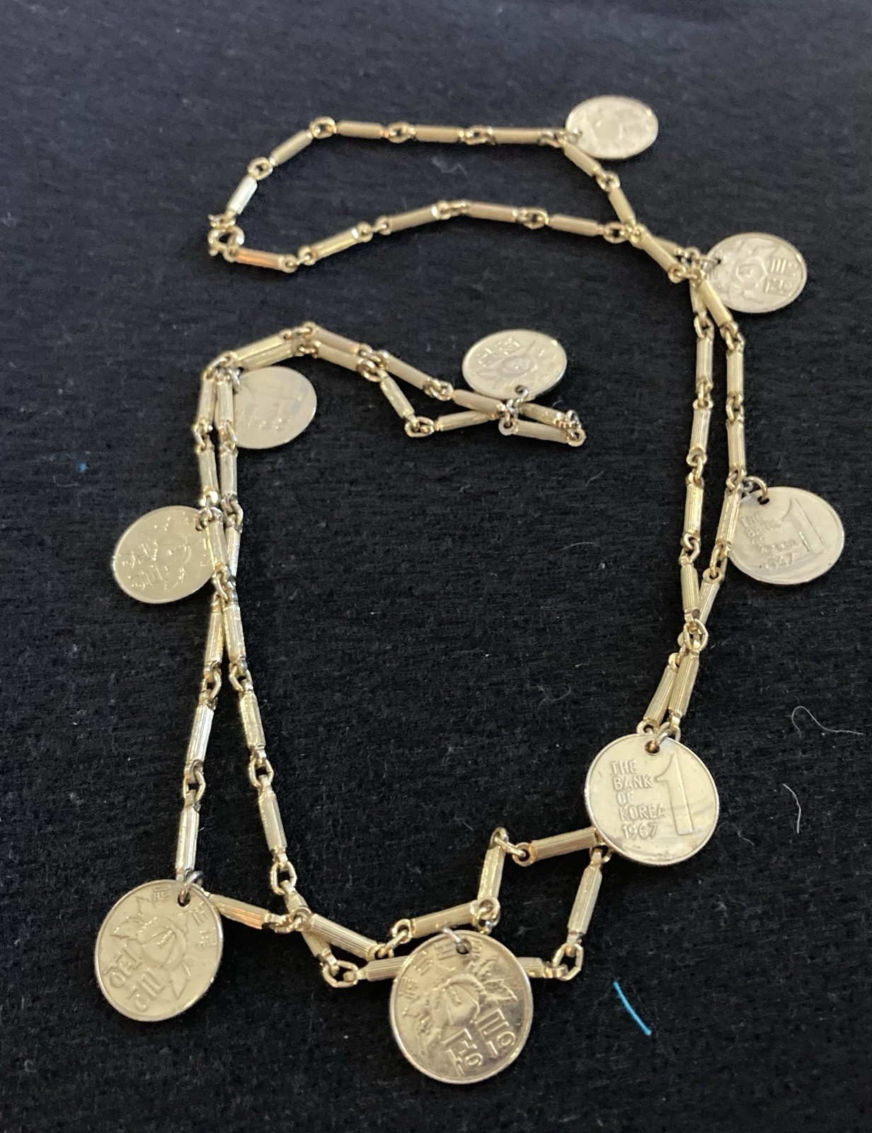 Vintage 34” Long Coins GoldTone Patterned Links Necklace The Bank Of Korea 1967