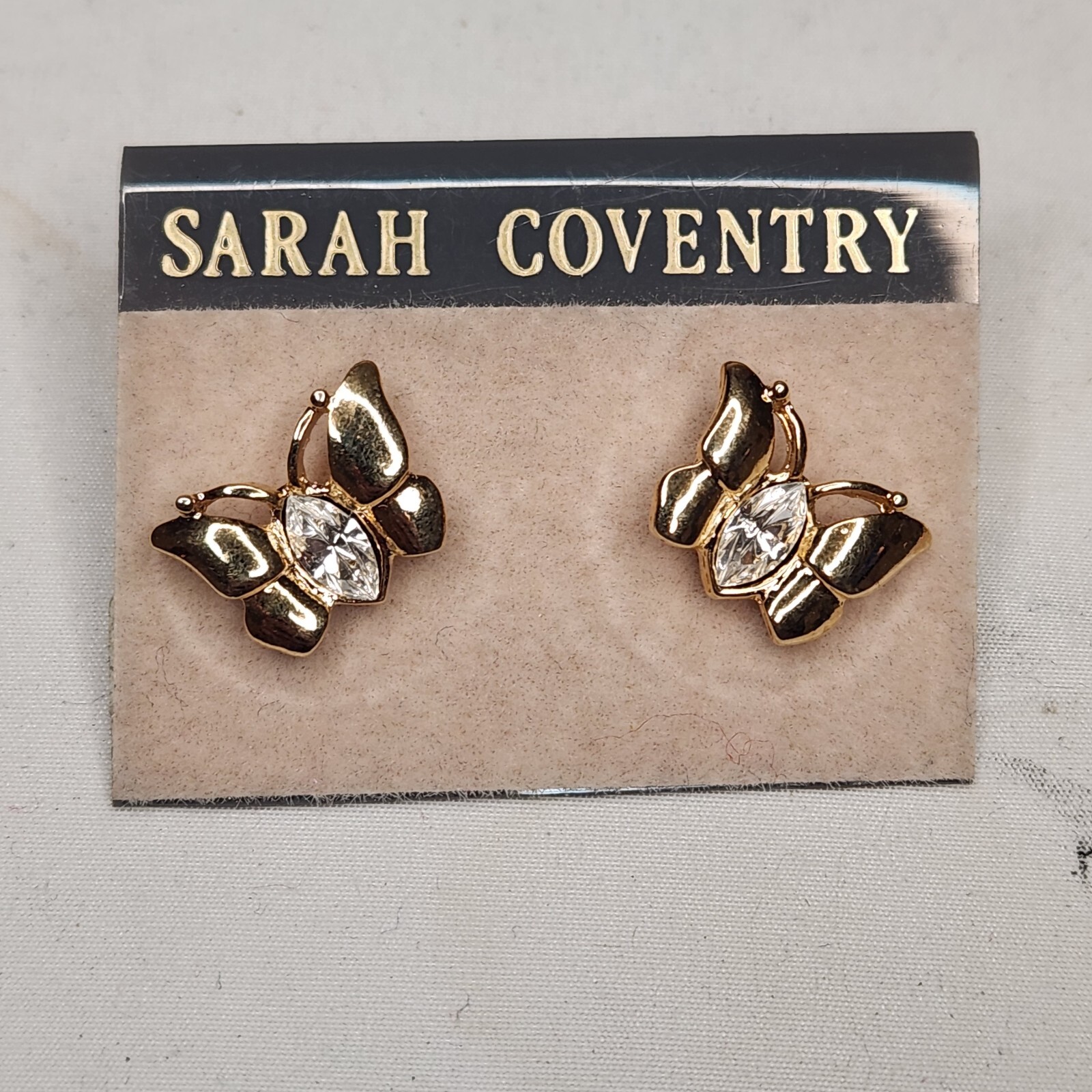 Sarah Coventry Goldtone Butterfly Earrings Clear Rhinestone Post Set 1/2 Inch