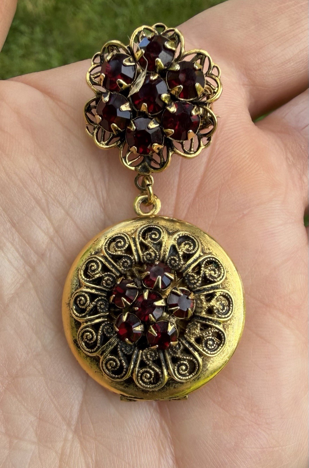 Vtg Brooch Victorian Revival Dangle Locket Gold Tone Red Garnet Rhinestones