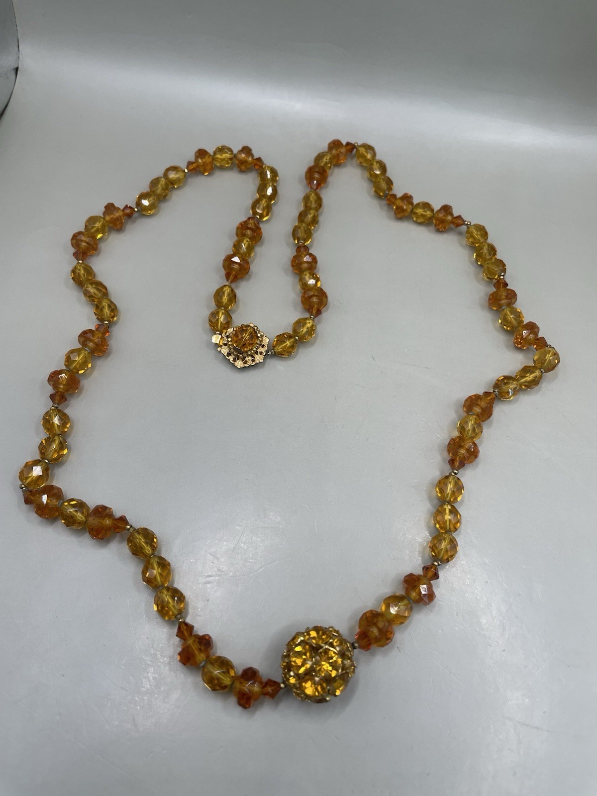 Vintage Miriam Haskell Beaded GoldTone Rhinestone Ball Pendant 30” Necklace