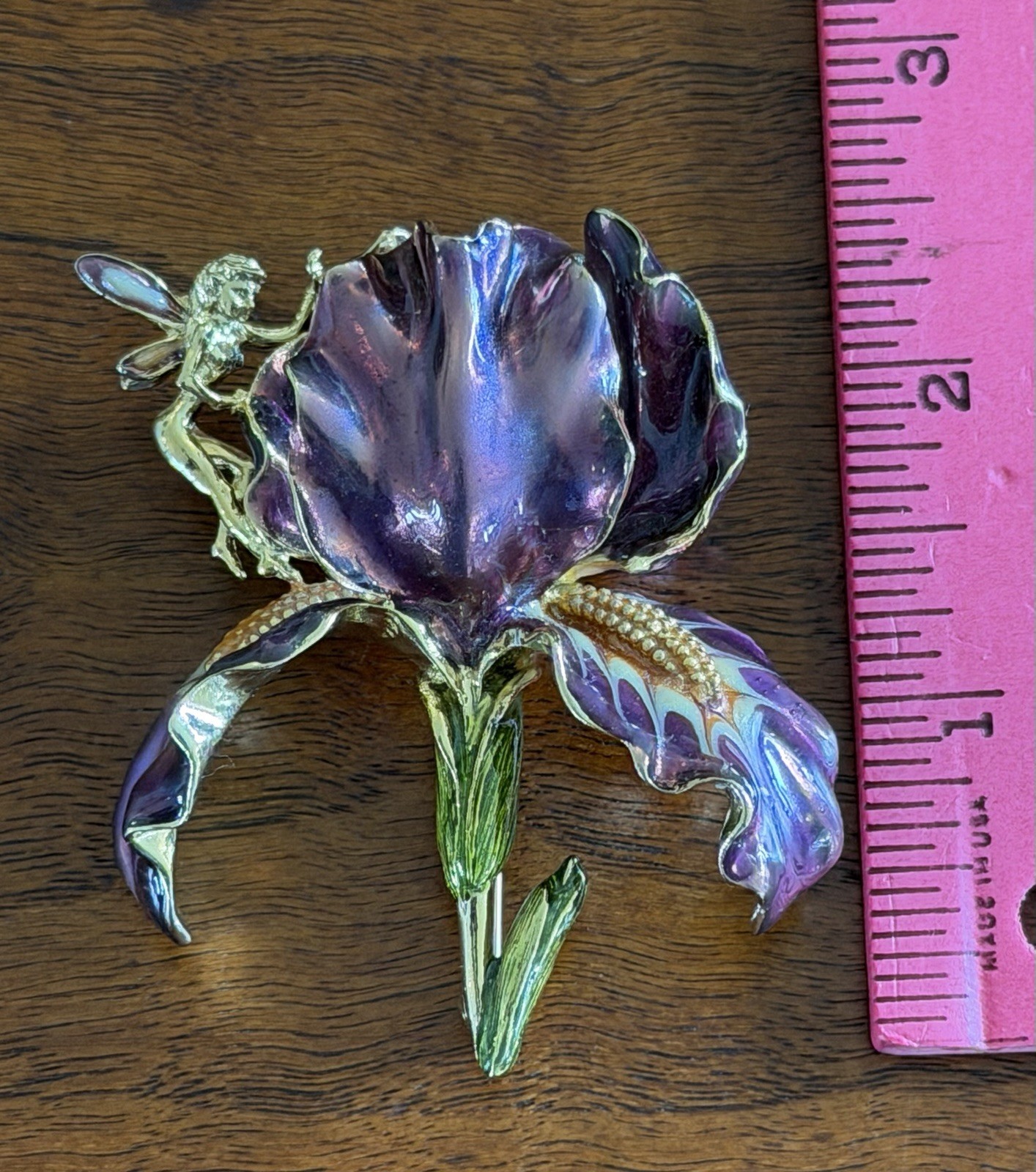 Vintage Large Kirks Folly Purple Enamel Orchid Brooch With Golden Fairy Signed
