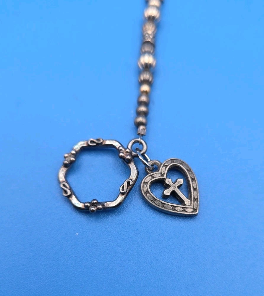 Vintage Silver Toned Toggle Bracelet With Cross & Heart