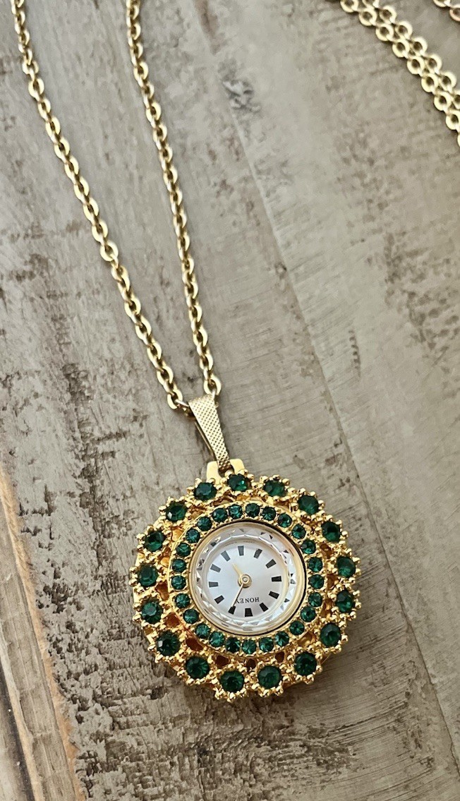 Vintage Honey Hand Wind Green Crystal Gold Tone Pendant Watch Chain Necklace