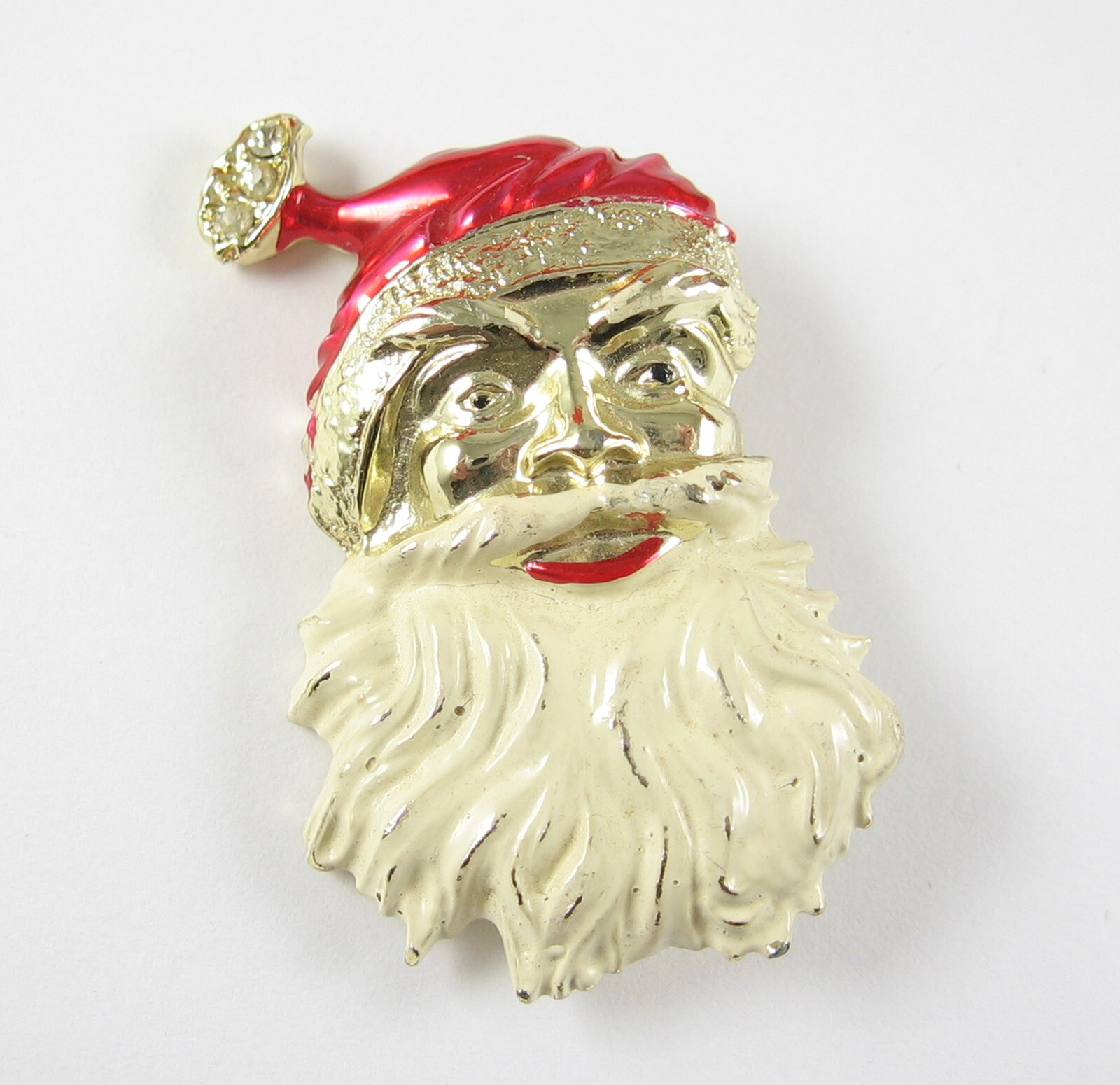 Angry SANTA CLAUS with ATTITUDE PIN Vintage Enamel Booch Goldtone Christmas 2″