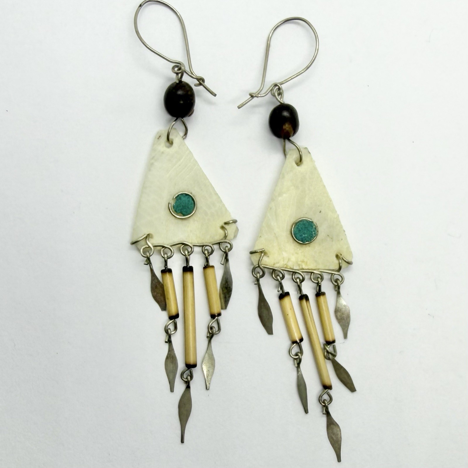 Vtg Tribal Scale Bamboo Chandelier Dangle Earrings Hook Ethnic Nature